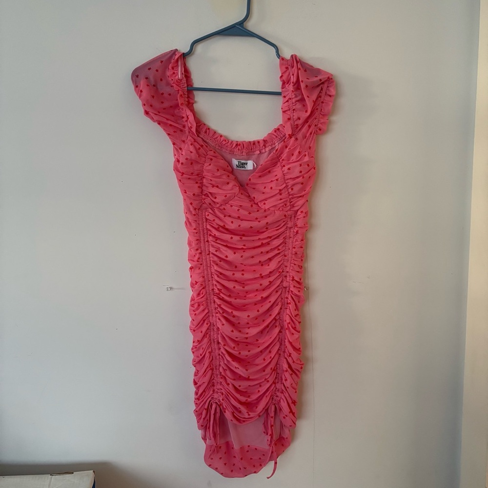 tiger mist hot pink & red floral puff sleeve ruched tight bodycon mini dress💕